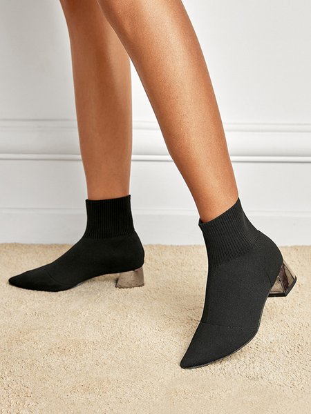 Minimalist Breathable Mesh Fabric Chunky Heel Sock Boots, Black, Boots