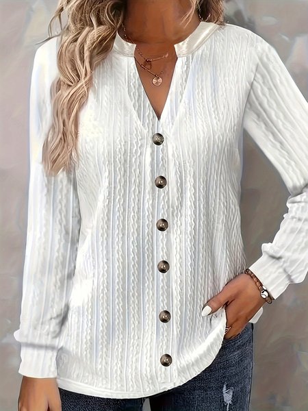 

Notched Long Sleeve Plain Lace Regular Loose Blouse For Women, White, Blouses