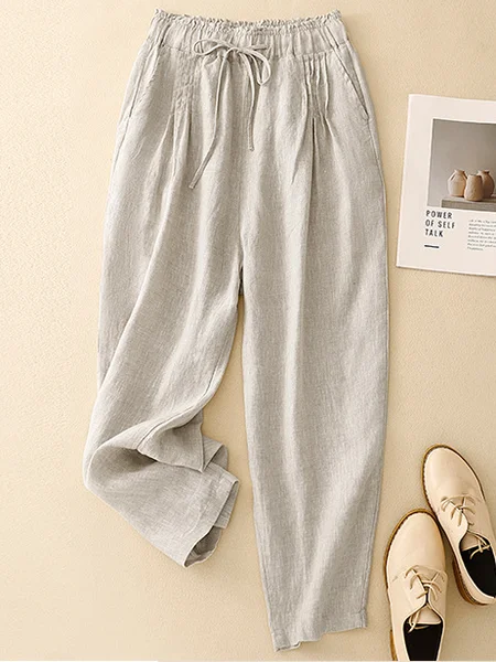 Casual Plain Long Pant, Beige, Pants