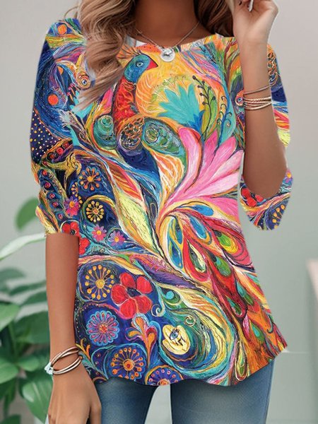 

Casual Abstract Crew Neck Long Sleeve T-shirt, Multicolor, Blouses