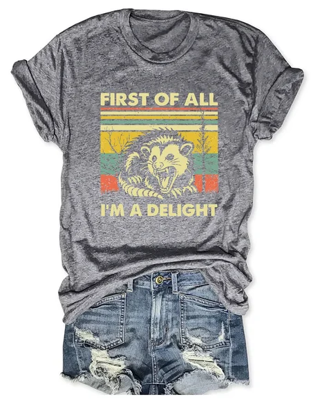 

First Of All I'm A Delight Sarcastic Casual Loose Text Letters Crew Neck T-Shirt, Light gray, T-shirts