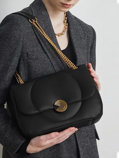 

Minimalist Stitched Metal Chain Shoulder Bag, Black, Bags