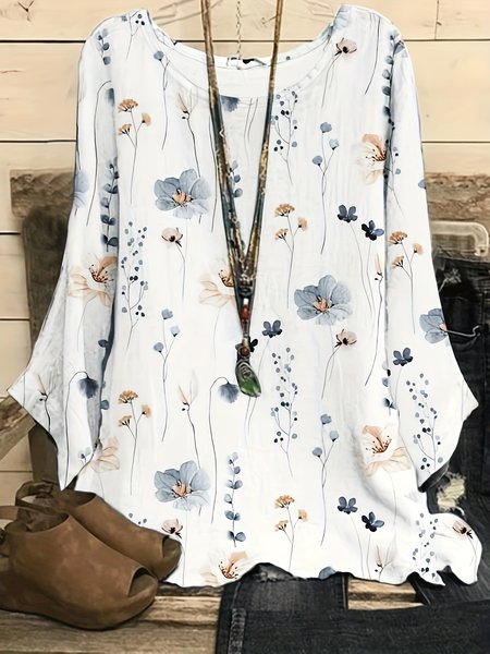 

Crew Neck Long Sleeve Floral Regular Regular Fit Blouse For Women, White, Blouses