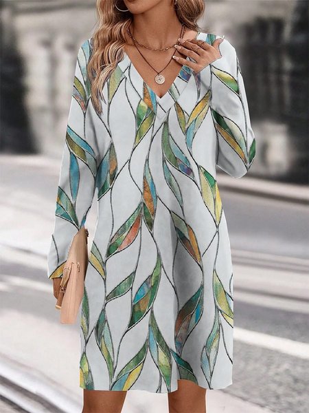 

Women Floral V Neck Long Sleeve Comfy Casual Mini Dress, Multicolor, Midi