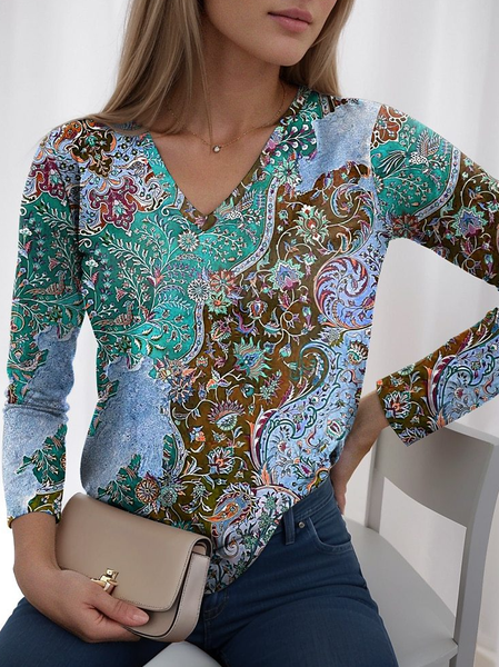 

Casual Ethnic V Neck Long Sleeve T-shirt, Blue, Blouses