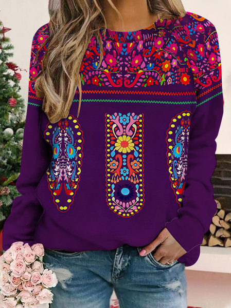 

Casual Crew Neck Ethnic Sweatshirt, Purple, Hoodies & Sweatshirts