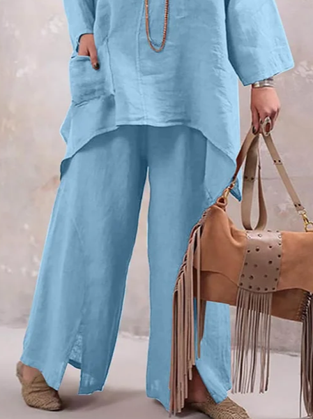 

Plain Loose Casual Cotton Pants, Blue, Pants