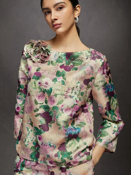 

Elegant Floral Crew Neck Loose Blouse, As picture, Blouses and Shirts