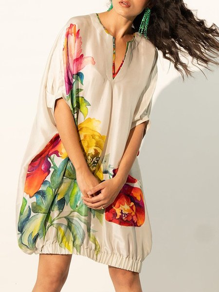 

Plus Size Floral V Neck Vacation Half Sleeve Loose Dress, As picture, Plus Dresses