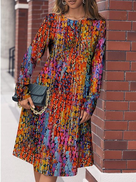 

Women Floral Crew Neck Long Sleeve Comfy Casual Mini Dress, Red, Midi