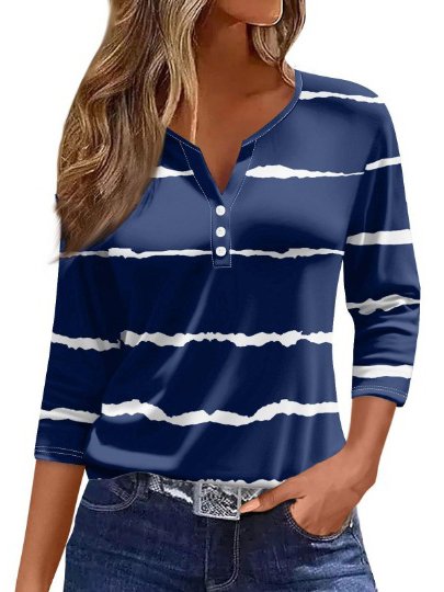 Notched Abstract Stripes Loose Casual T Shirt