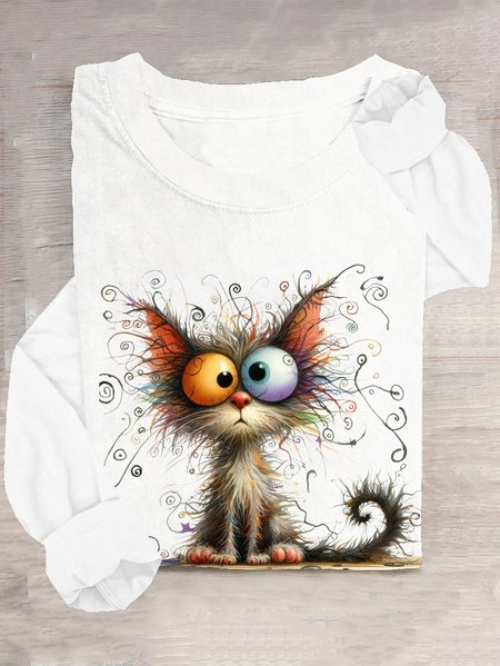 

Casual Cat Crew Neck Long Sleeve T-shirt, White, T-shirts