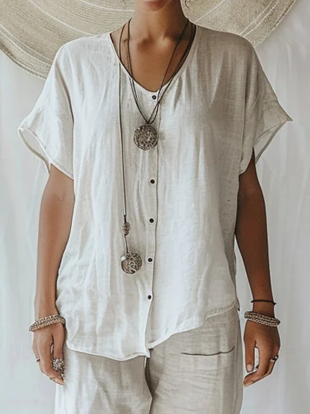 

Plain Vacation Cotton Loose Shirt, White, Blouses & Shirts