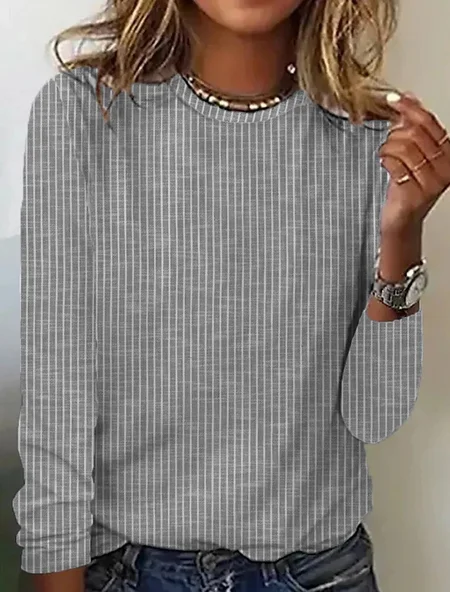 

Women's Long Sleeve Tee T-shirt Spring/Fall Striped Crew Neck Daily Going Out Casual Top, Gray, T-Shirts
