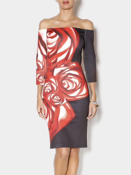 

Cold Shoulder Floral Three Quarter Sleeve Elegant Dress, As picture, Mini Dresses
