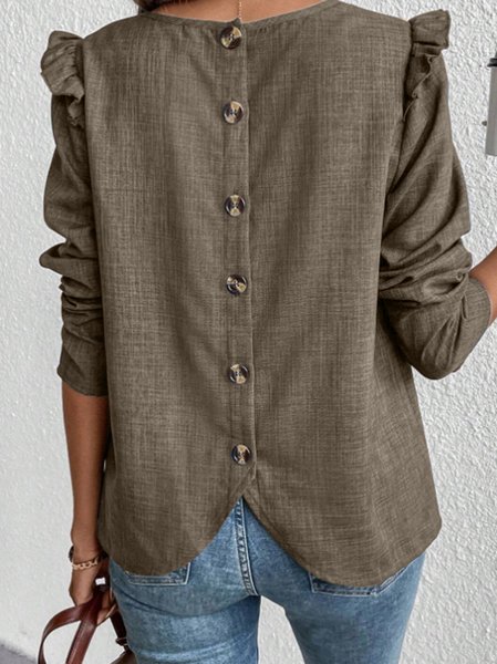 

Crew Neck Long Sleeve Plain Buckle Regular Loose Blouse For Women, Khaki, Blouses