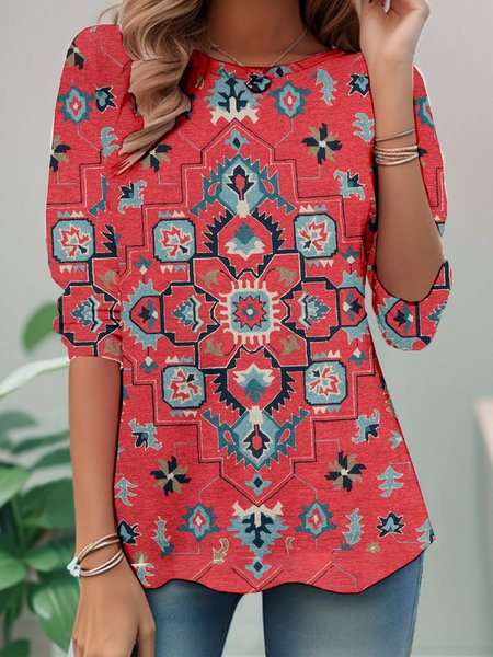 

Casual Ethnic Crew Neck Long Sleeve T-shirt, Red, Blouses