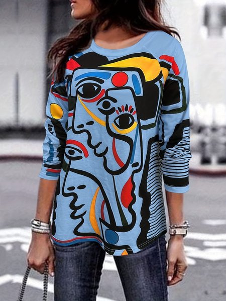 

Casual Face Crew Neck Long Sleeve T-shirt, Blue, Blouses