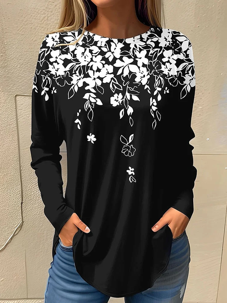 

Casual Floral Crew Neck Long Sleeve T-shirt, Black, Blouses
