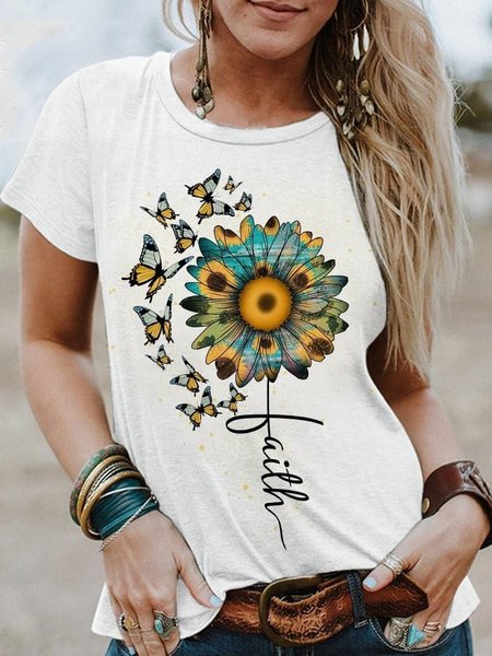 

Women's Short Sleeve Tee T-shirt Summer Sunflower Printing Cotton Crew Neck Daily Going Out Vintage Top White, T-Shirts