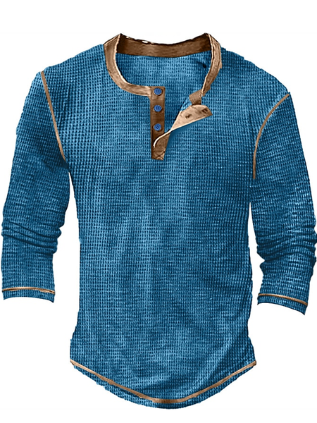 

Men's T shirt Tee Henley Shirt Waffle Knit Top Color Block Henley Street Vacation Long Sleeve T-Shirt, Denim blue, T-shirts