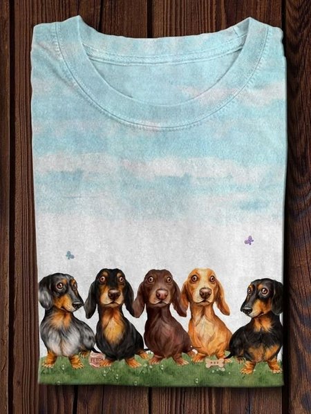 Casual Dog Crew Neck Long Sleeve T-shirt, Blue, T-shirts