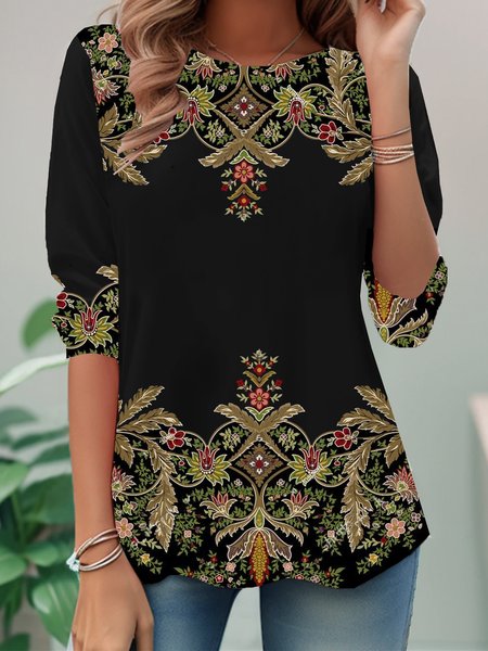 

Casual Ethnic Crew Neck Long Sleeve T-shirt, Black, Blouses