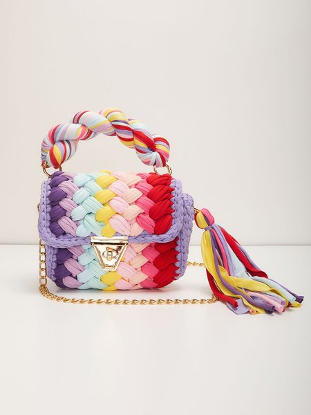 

Handmade Braided Top Handle Bag with Removable Metal Chain Strap, Multicolor, Bags