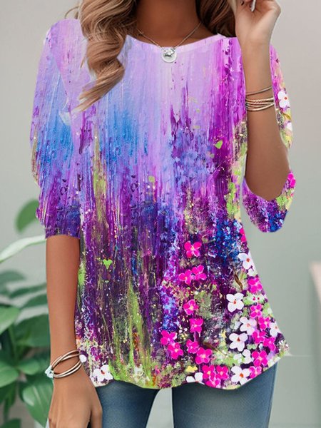 

Casual Floral Crew Neck Long Sleeve T-shirt, Purple, Blouses