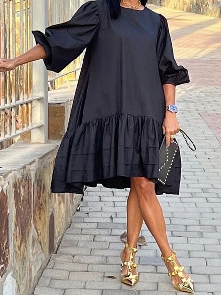 

Daily Crew Neck Balloon Sleeve Plain Loose Dress, Black, Midi Dresses