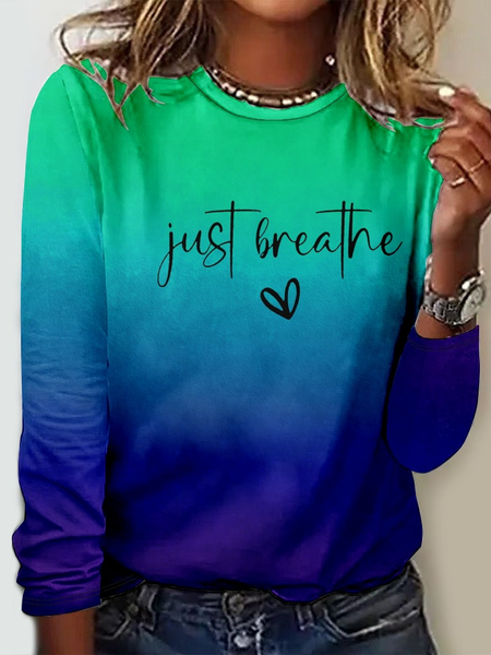 

Women's Just Breathe Mental Health Print Casual Crew Neck Long Sleeve Shirt, Blue, Long sleeves