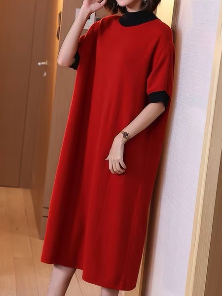 

Crew Neck Casual Color Block Raglan Sleeves Sweater Dress, Red, Midi Dresses