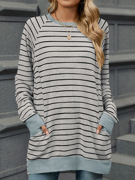 

Casual Striped Crew Neck Long Sleeve T-shirt, Light gray, T-shirts