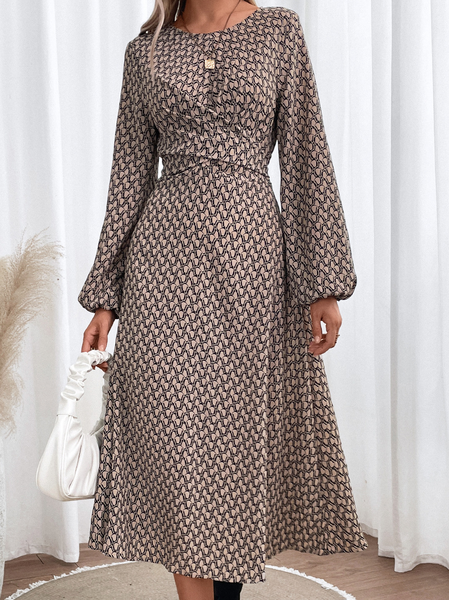 

Women Ethnic Crew Neck Long Sleeve Comfy Casual Maxi Dress, Khaki, Dresses