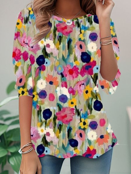 

Casual Floral Crew Neck Long Sleeve T-shirt, Multicolor, Blouses