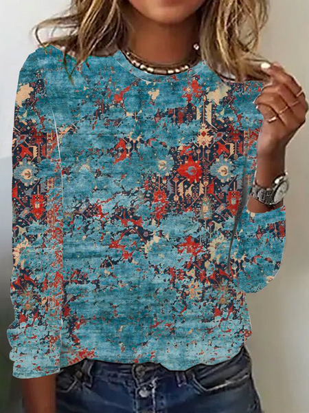 

Casual Geometric Crew Neck Long Sleeve T-shirt, Blue, T-shirts