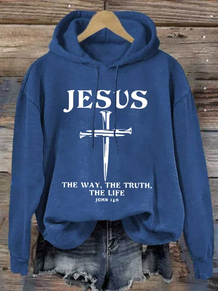 

Jesus - The Way, The Truth, The Life Casual Loose Cotton-Blend Hoodie, Blue, Hoodies&Sweatshirts