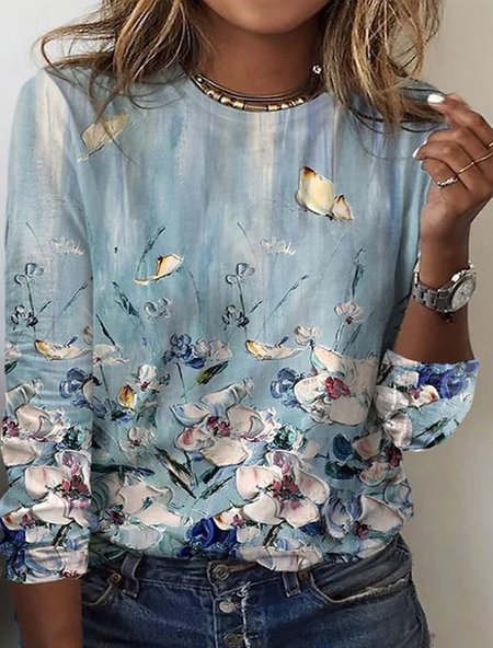 

Casual Floral Crew Neck Long Sleeve T-shirt, Blue, T-shirts