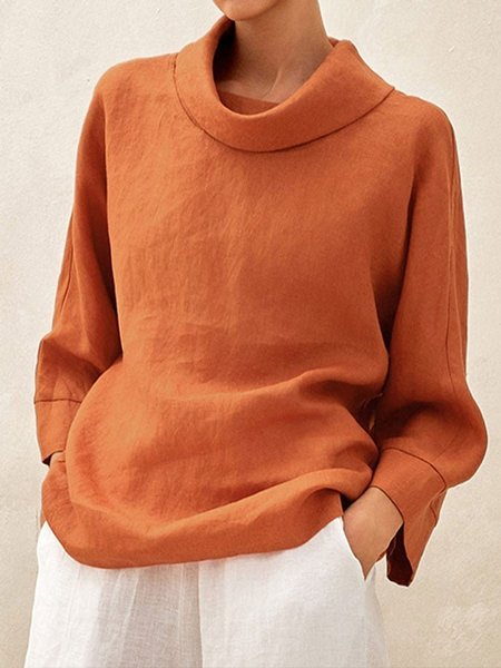 

Women's Long Sleeve Blouse Spring/Fall Plain Cotton And Linen Mock Neck Daily Going Out Casual Top Orange, Shirts & Blouses