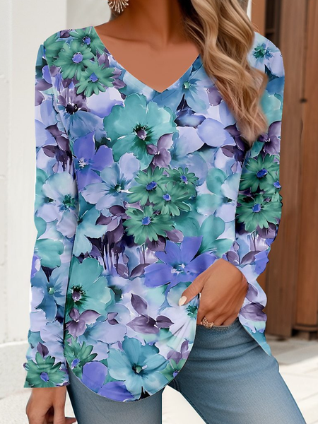 

Casual Floral V Neck Long Sleeve T-shirt, Blue, Blouses