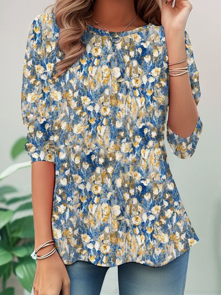 

Abstract Floral Printed Long Sleeve Casual T-shirt, Blue, Long sleeves