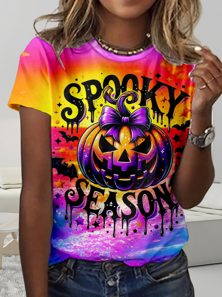 

Spooky Season Print Crew Neck T-shirt, As picture, T-shirts