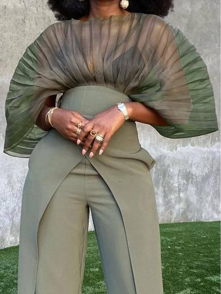 

Urban Crew Neck Loose Plain Pleated Shirt, As picture, Blouses and Shirts