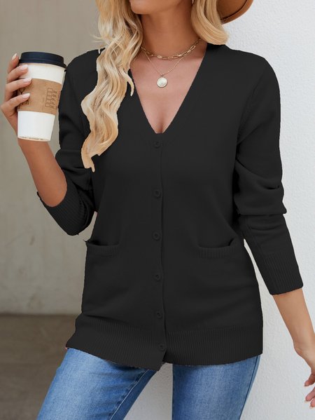 

V Neck Casual Yarn/Wool Yarn Cardigan, Black, Sweaters & Cardigans