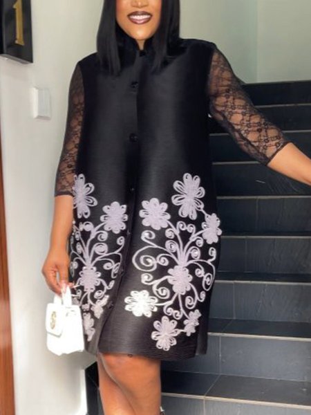 

Regular Sleeve Loose Floral Elegant Mini Dress, Black, Midi Dresses