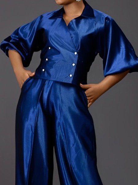 

Balloon Sleeve Shirt Collar Plain Urban Buttoned Shirt, Blue, Blouses and Shirts