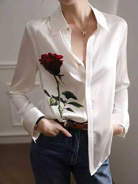 

Loose Regular Sleeve Shirt Collar Long Sleeve Urban Shirt, White, Blouses and Shirts