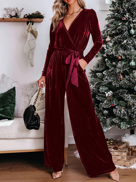 

Women's Plain V Neck Long Sleeve Casual Spring/Fall Velvet Jumpsuit, Wine red, Jumpsuits＆Rompers