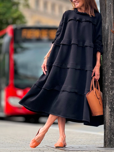 

Plain Elastane Crew Neck Elegant Regular Sleeve Dress, Black, Midi Dresses