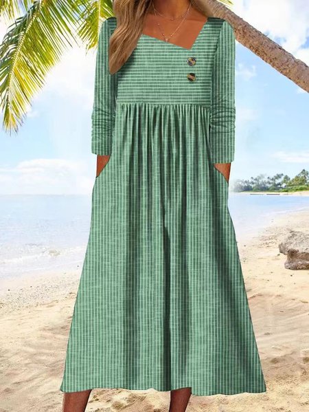

Women Striped Asymmetrical Long Sleeve Comfy Casual Buckle Maxi Dress, Green, Dresses